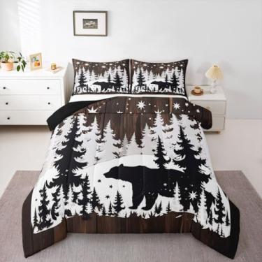 Imagem de jejeloiu Conjunto de edredom de urso e lua para todas as estações, com silhueta de urso, 2 fronhas, rústica, cabana rústica, microfibra rústica, roupa de cama queen de animais selvagens, decoração de