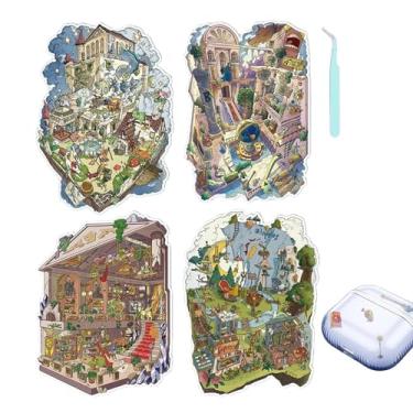 Imagem de Adesivos de Cena 3D,Kit com 4 Decalques de Casas em Miniatura para DIY,Adesivos 3D para Adultos | Para Laptop Telefone Stress Passatempo Viagem Festa Natal Presentes