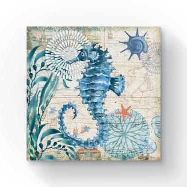 Imagem de Quadro Decorativo cavalo marinho, Arte em Tela, Estilo Náutico com Estrela do Mar e Coral em Tons de Azul, Decoração para Parede 30x30