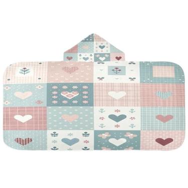 Imagem de Burbuja Toalha de banho com capuz de patchwork de coração para crianças, toalha de praia de pelúcia macia absorvente para chá de meninas e meninos 3-10 anos, 61 x 127 cm
