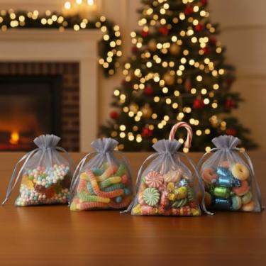 Imagem de 50 peças de sacos de presente de organza com cordão transparente para lembrancinhas de casamento de doces, embalagem de joias, suprimentos de embrulho de presente 9 x 12 cm