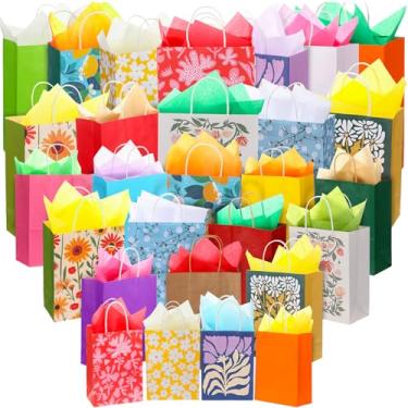 Imagem de Tenceur 28 sacos de presente de tamanhos variados a granel com 56 lenços de papel, sacos de presente com alças para lembrancinhas de festa de aniversário, Natal, várias ocasiões, 21 cm, pequeno, 27 cm