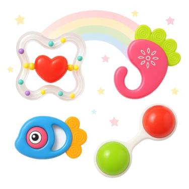 Imagem de Kit Chocalho Mordedor Educativo para Bebê, 4 Peças, Colorido, Material Atóxico sem BPA, Brinquedo Sensorial para Desenvolvimento Motor e Cognitivo, 0-12 Meses