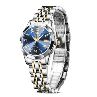 Imagem de OLEVS Relógio feminino de luxo, à prova d'água, prata, analógico, quartzo, aço inoxidável, relógios de pulso casuais para mulheres, rosto pequeno, com data para mulheres, Azul dourado - L9990, round