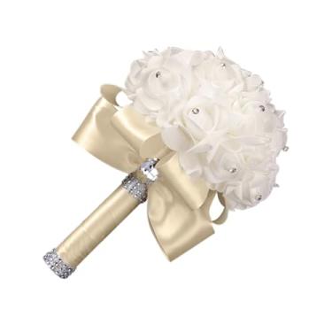 Imagem de Flores de espuma de casamento para madrinha de casamento de PE acessível – buquê de noiva elegante com fita para ocasiões especiais (champanhe)
