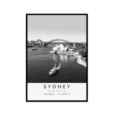 Imagem de Pôster de viagem preto e branco impressão paisagem da cidade do mundo pintura em tela Sydney arte de parede decoração de casa (8 x 12 polegadas (20 x 30 cm), moldura para fotos)