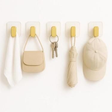 Imagem de Kit 5 Ganchos Autoadesivo de Parede Acrílico Dourado Banheiro Cozinha 