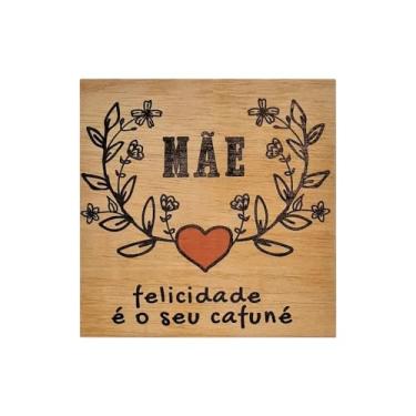 Imagem de Quadrinho Decorativo de Madeira para Mãe, Compensado Naval, Design Floral com Coração, 19x19cm, Mensagem 'Felicidade e o seu Cafuné', Decoração para Casa