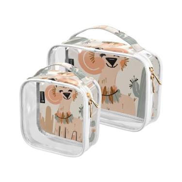 Imagem de GAIGEO Conjunto de 2 bolsas de maquiagem transparente para animais de ovelha, plantas, verde-petróleo, colagem, bolsa de viagem, produto de cabelo, Cacto do deserto alpaca bege laranja, one size