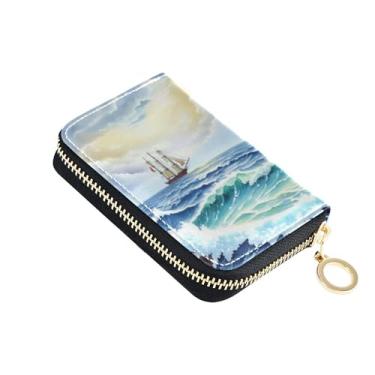 Imagem de Carteira colorida feminina com zíper em torno de porta-cartões, bloqueio de RFID, desenho animado de ondas do mar, carteira masculina com bolso para moedas