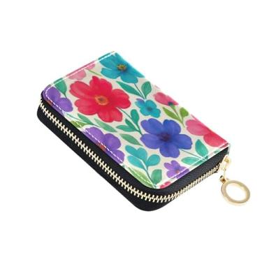 Imagem de Carteira colorida feminina com zíper ao redor do porta-cartão de crédito bloqueio RFID aquarela floral flor roxa vermelha carteira com zíper