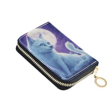 Imagem de Porta-cartões, carteiras femininas com bloqueio de RFID, bolsa de couro pequena com zíper, porta-chaves, gato, fofo, lua, noite