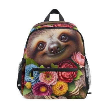 Imagem de GAIGEO Cute Sloth Flowers Kids School Backpack, 10x4x12 In, Backpack for Preschool Girl Includes Water Bottle Pockets, Whistle Clip for Safety