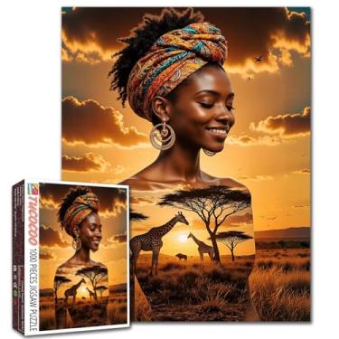 Imagem de Quebra-cabeças femininas africanas para meninas negras, 1000 peças para adultos, famílias (rainha, girafa, pôr do sol, savana africana) peças se encaixam perfeitamente 40 x 70 cm arte de quebra-cabeça