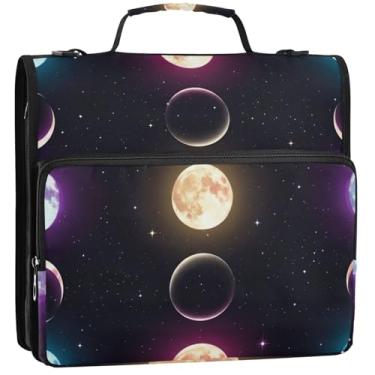 Imagem de Organizador de fichário com zíper para documentos, fichários com 3 argolas, lua, céu noturno, preto, pasta de armazenamento com alça, bolsa escolar com alça de ombro, 34,5 x 31,5 x 9 cm