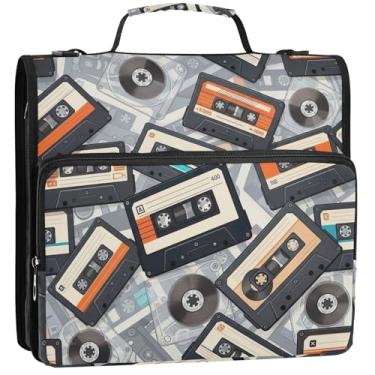 Imagem de Fitas cassete retrô pretas para fichários de 3,8 cm, 3 anéis, organizador de fichário com zíper, bolsa escolar com alça de ombro, suporte para 500 folhas, 34,5 x 31,5 x 9 cm