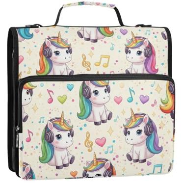 Imagem de Organizador de fichário com zíper, unicórnios, crinas arco-íris, fones de ouvido de 3,8 cm, fichários de 3 anéis, bolsa escolar rosa com alça de ombro, estojo portfólio de armazenamento com alça, 34,5
