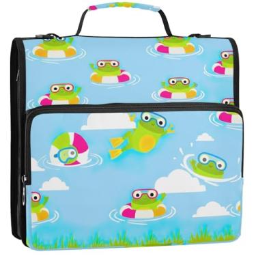 Imagem de Organizador de fichário de trabalho com zíper, 3 anéis, 3 anéis, sapos fofos de desenho animado para natação, estojo com alça com alça para escola secundária, 34,5 x 31,5 x 9 cm