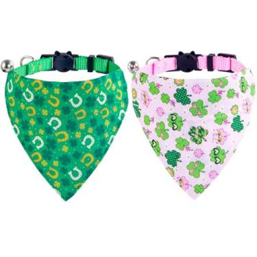 Imagem de Coleiras para gatos do Dia de São Patrício com bandana sino para animais de estimação gatinho ajustável filhotes de cachorro pequeno