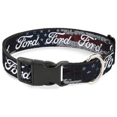 Imagem de Coleira Ford Pet, fivela de plástico para coleira de cachorro, Ford Script Stars and Stripes Americana Weathered, 23 a 33 cm de largura