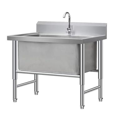 Imagem de KXPSWGE Estação de pia de restaurante independente, pia comercial, pia grande de tigela única, pias utilitárias de aço inoxidável, banheira de lavanderia de grau comercial com kit de drenagem e