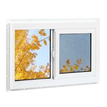 Imagem de NOTASA Janela de porão de vinil, janela deslizante de banheiro de 81 x 55 cm com vidro temperado isolado de painel duplo e tela de fibra de vidro para porão, banheiro, galpão (branco)