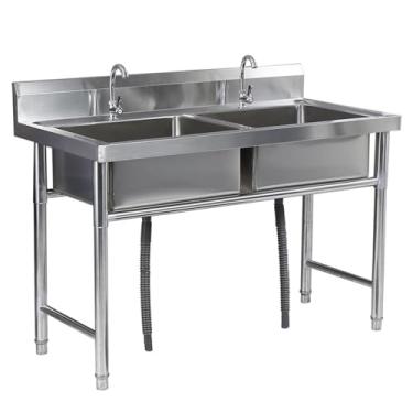 Imagem de Lava-louça independente de aço inoxidável, lava-louças de cozinha em aço inoxidável de peito duplo, lava-louças grande de peito duplo, com pia de 2 compartimentos, lava-louças para restaurante