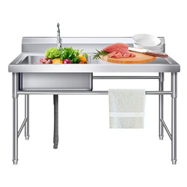 Imagem de Pia de cozinha com bancada de trabalho, pia industrial, pia comercial, pia de aço inoxidável independente, com torneira, para garagem, restaurante, cozinha, lavanderia, interior e exterior (tamanho