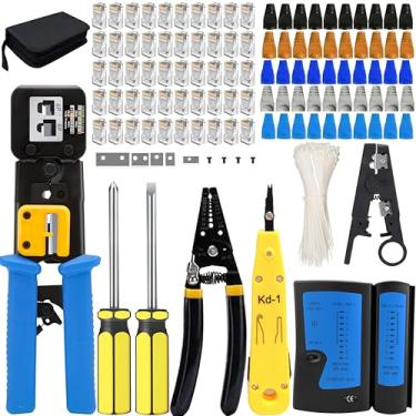 Imagem de TAIWAIN RJ45 Cortador de fio para desencapador Ethernet, testador de cabos de rede profissional para Cat5e Cat6 RJ11 RJ12, conjunto de reparo LAN para dispositivos móveis, 50 conectores e 50 botas de crimpagem (azure)