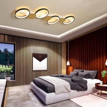 Imagem de Luminária de teto LED preta e dourada, modelo longo, com controle remoto, potência ajustável de 33W/44W e temperatura de cor de 3000K a 6000K. Ideal para sala de estar, quarto e corredor (80