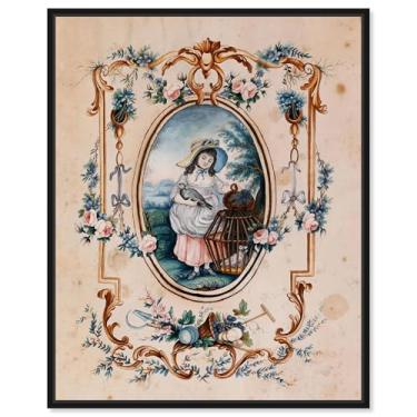 Imagem de Art Remedy Retratos clássicos de menina com pássaros na gaiola de vime 1940, moldura preta, 51 x 61 cm