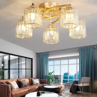 Imagem de Lustre de cristal, luminária pendente moderna preta/dourada para sala de estar, lustre de cristal K9, luminária de teto de luxo semi-embutida para quarto, sala de estar e sala de jantar.