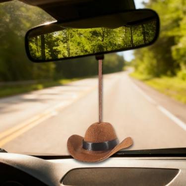 Imagem de Tuxihapp Chapéu de cowboy ocidental pingente de espelho retrovisor de carro, lindo mini chapéu de cowboy feito à mão, enfeite automotivo para pendurar, acessórios de pingente de interior de veículo