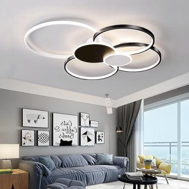 Imagem de Luminária de teto LED dimerizável com controle remoto, design elegante e criativo com 6 anéis para sala de estar, em metal, lustre de embutir para iluminação interna (preto e branco, 100 cm