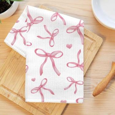 Imagem de Coquette Toalhas de cozinha com laço rosa, laço preppy decorativo absorvente pano de prato de microfibra toalha de chá, toalhas de mão macias waffle para casa de fazenda decoração de banheiro 2