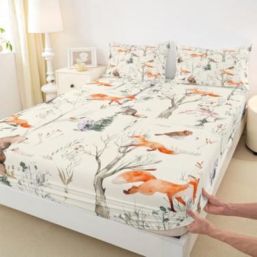 Imagem de Jogo de lençol infantil Queen com desenho de animais fofos, urso raposa e coelho, 3 peças, para decoração de quarto de meninas e adultos, árvore nebulosa, plantas da selva caçada, aventura, lençol com