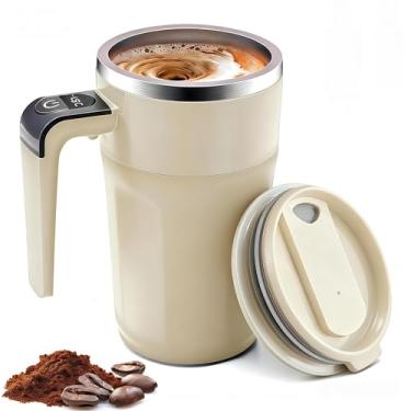 Imagem de Shelprojsu Caneca de café com agitação automática, copo de café magnético automático com tampa, caneca de café elétrica com termômetro LCD embutido para café, leite, cacau (bege)
