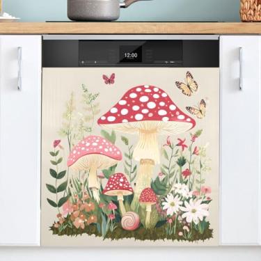 Imagem de Cogumelos Jardim Borboletas Lava-louças ímã capa ímã adesivo para cozinha 58 x 66 cm máquina de lavar louça ímã capa ímã geladeira painel almofada decalque