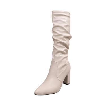 Imagem de Botas de cano alto de poliuretano com bico fino e salto médio para mulheres casuais de inverno, Branco, 35