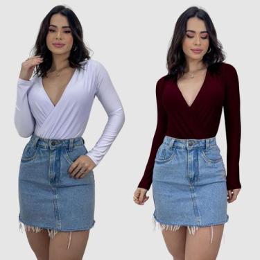 Imagem de Kit 2 Body Feminino Decote V Transpassado Manga Comprida Tendência Inv