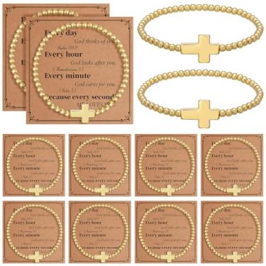 Imagem de Hinly 12 pulseiras de cruz cristã com contas elásticas com cartões inspiradores e sacos de opp pulseira de cruz religiosa para Páscoa, formatura, presente cristão, batismo, igreja, funerais