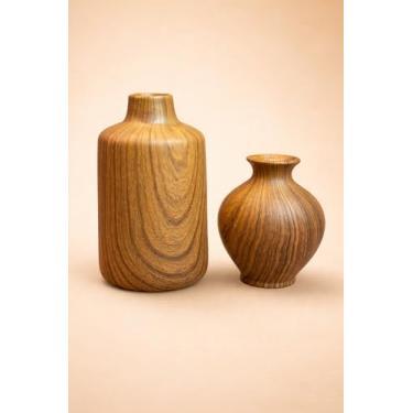 Imagem de Kit 2x de Vasos Decorativos em Cerâmica, Estilo Madeira, Kit com 2 Peças, Vaso Pequeno 10x12cm Base 5cm e Grande 10x16cm