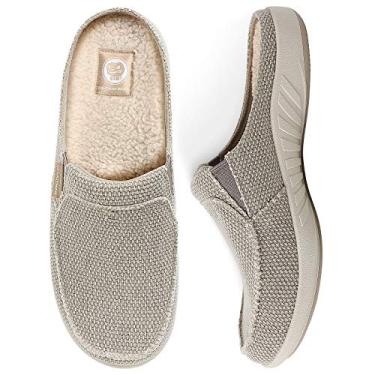 Imagem de Pantufas masculinas com suporte de arco, chinelo de lona para casa masculino com forro de veludo, sapato para usar em casa com sola de borracha antiderrapante para uso interno e externo,