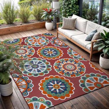 Imagem de Tapete para ambientes externos, 20 x 25 cm, lavável, tapetes internos e externos, medalhão boêmio, vermelho, impermeável, fácil de limpar, terraço, varanda, sala de estar, quarto, jardim, trailer (20