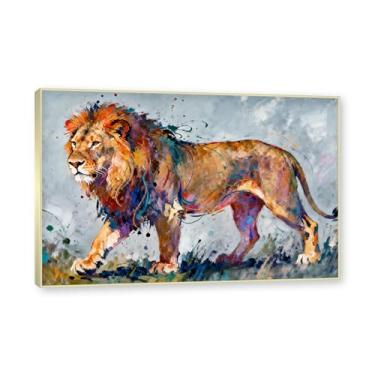 Imagem de NHLDZYH Moldura dourada. Pintura salpicada de leão pintura em tela abstrata arte animal mural vívido chama a atenção para sala de estar decoração moderna para casa. A53. 50 x 75 cm.