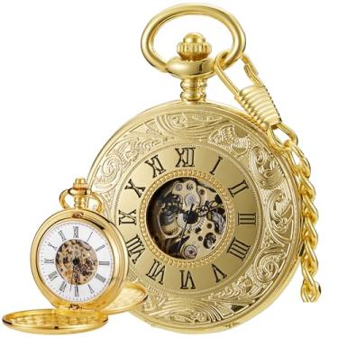 Imagem de Alwesam Relógio masculino mecânico com caixa de design vintage, mostrador duplo, algarismos romanos, relógio de bolso com corrente e caixa, Ouro - 53, presente