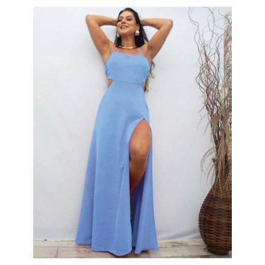 Imagem de Vestido Elegante Sem Costas de Alça e com Fenda na Perna - Reziê, Azul