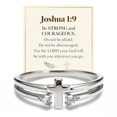 Imagem de FAOYUDAWEI Anel de cruz para mulheres, anel de zircônia cúbica de fé delicada Páscoa religiosa cristã confirmação batismo joias femininas presentes para mãe, irmãs, filha, neta, não mancha, Latão, Sem