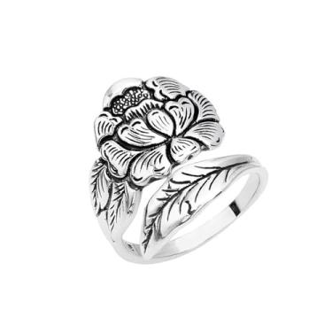 Imagem de Izpack Anel vintage de flor de peônia para mulheres, ajustável, oxidado, flores de lótus, florais, folhas abertas, anéis empilháveis, anéis de dedo de noivado, joias antigas para esposa aniversário de