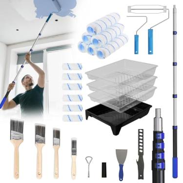 Imagem de SKGPOLE Kit de rolo de pintura com haste de extensão telescópica de 1,4 m, kit de pincéis de pintura de 27 peças, rolo de pintura de 10 cm e 23 cm, bandejas de tinta, moldura de rolo de tinta